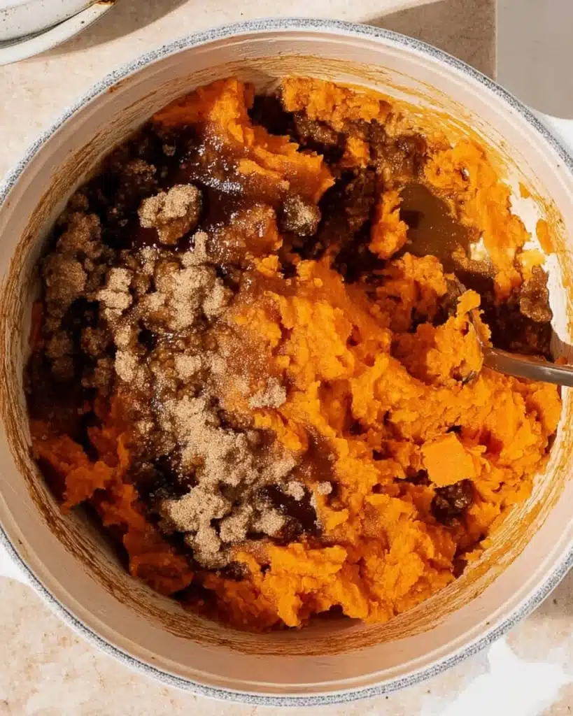 Sweet Potato Casserole with Marshmallows 4 Sweet potato casserole filling with butter, brown sugar, and spices in pot