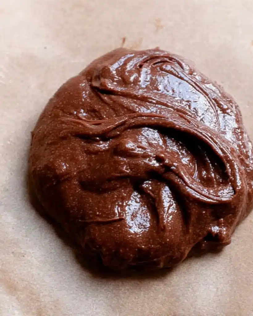 The BEST Fudgy Chewy Brookies (Christmas Recipe) 5 Glossy chocolate brookie batter scooped onto parchment paper