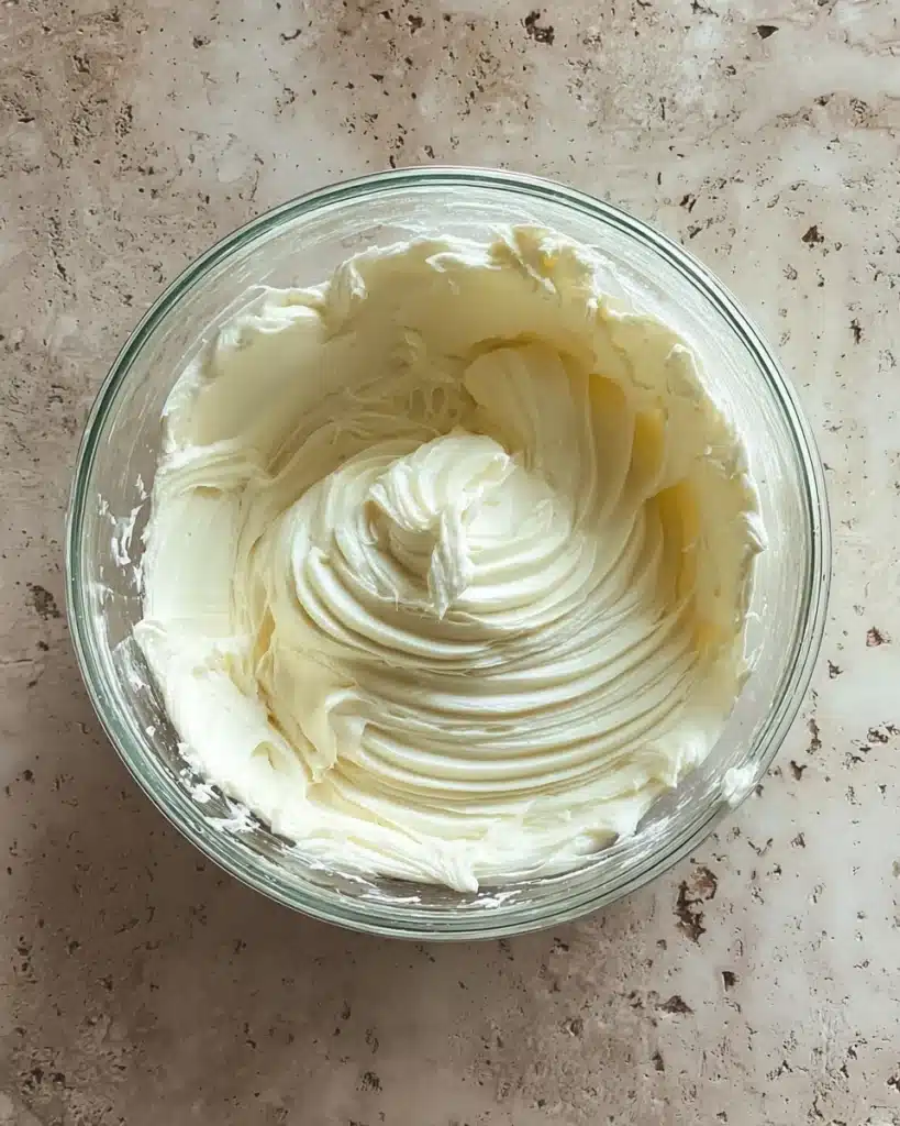 The Best Cinnamon Rolls EVER (Halloween Edition) 11 Cream cheese frosting whipped smooth in a glass bowl