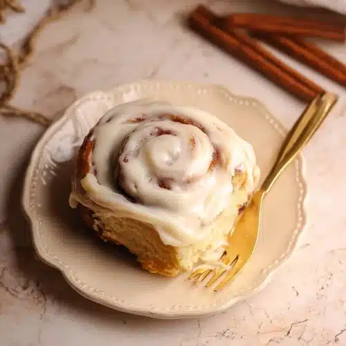 The Best Cinnamon Rolls EVER (Halloween Edition) 12 Frosted cinnamon roll on plate with golden fork