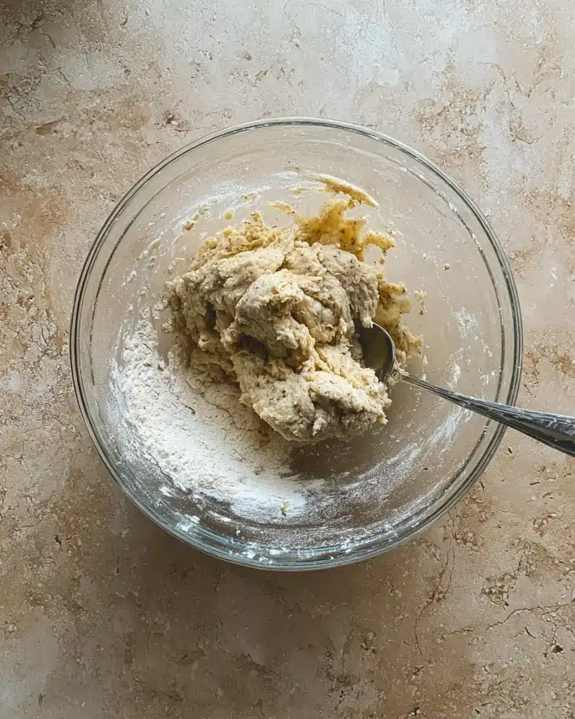 The Best Cinnamon Rolls EVER (Halloween Edition) 2 Shaggy cinnamon roll dough in a glass bowl with flour and spoon