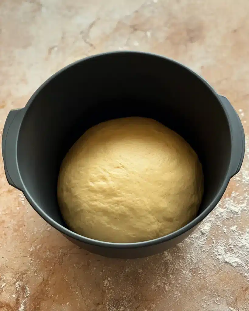 The Best Cinnamon Rolls EVER (Halloween Edition) 4 Risen cinnamon roll dough in a dark bowl after proofing