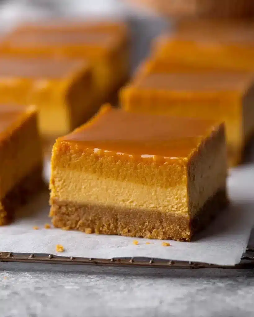 The Best Pumpkin Cheesecake Bars Ever 8 Pumpkin cheesecake bar close-up with graham crust