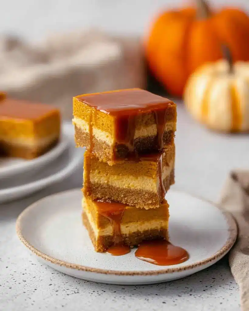 The Best Pumpkin Cheesecake Bars Ever 1 Pumpkin cheesecake bars with caramel drizzle stacked on a plate