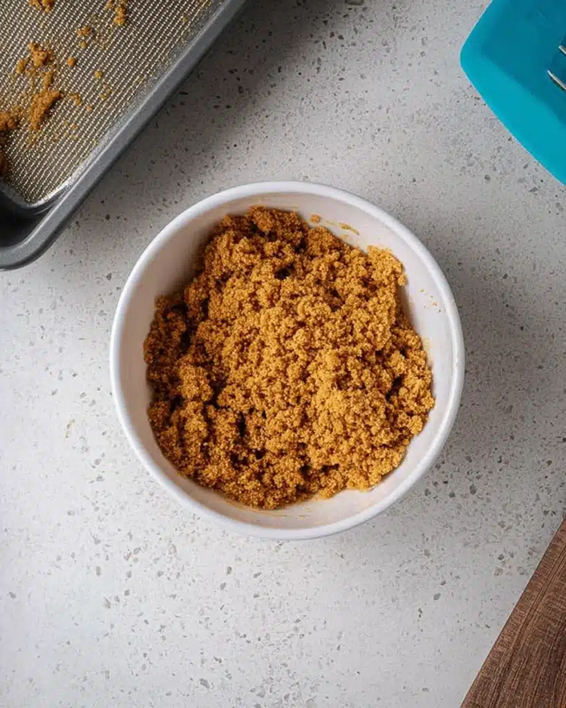 The Best Pumpkin Cheesecake Bars Ever 2 Graham cracker crumb mixture in bowl for cheesecake crust