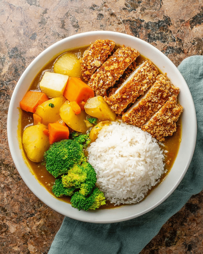 Crispy and Flavorful Tofu Katsu Recipe (Dinner Favorite) 8 Tofu Katsu curry bowl with rice, broccoli, and vegetables