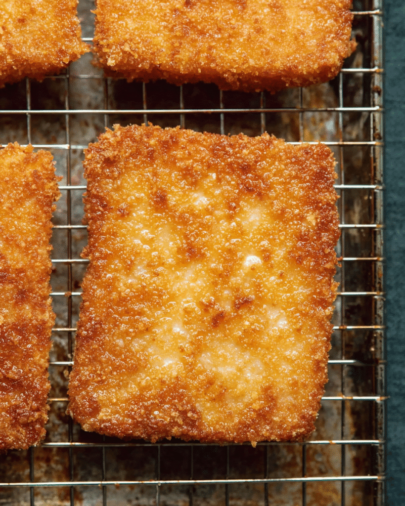 Crispy and Flavorful Tofu Katsu Recipe (Dinner Favorite) 7 Tofu Katsu cutlets frying in cast iron skillet with bubbling oil