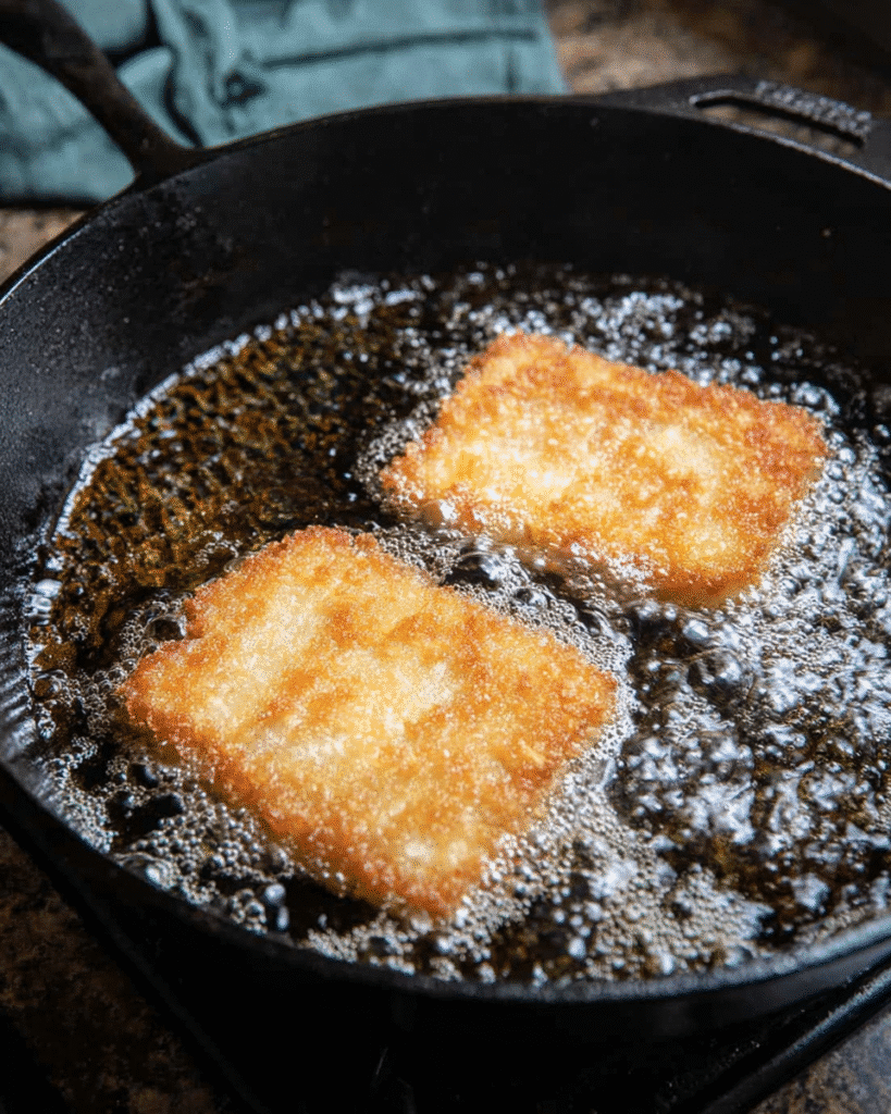 Crispy and Flavorful Tofu Katsu Recipe (Dinner Favorite) 6 Tofu Katsu cutlets frying in cast iron skillet with bubbling oil