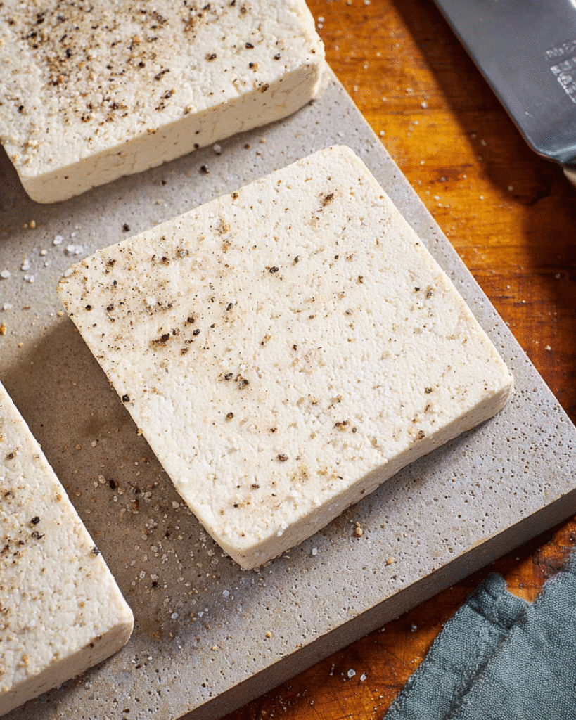 Crispy and Flavorful Tofu Katsu Recipe (Dinner Favorite) 3 Seasoned tofu slices on cutting board for Tofu Katsu prep