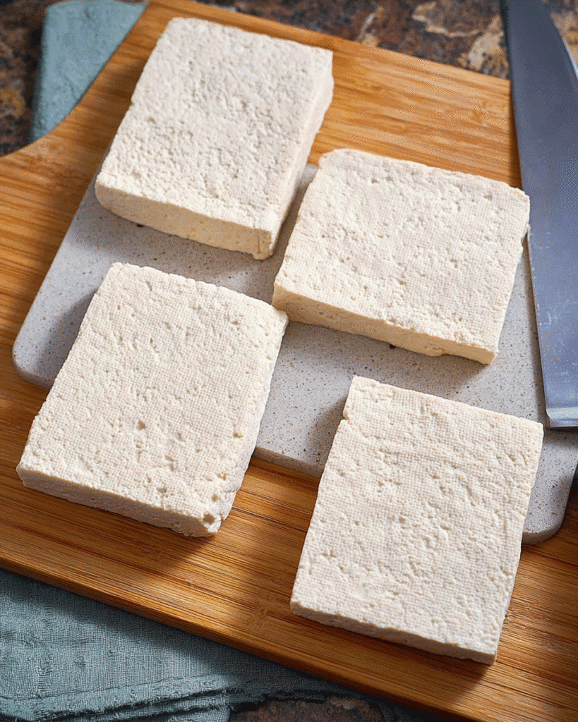 Crispy and Flavorful Tofu Katsu Recipe (Dinner Favorite) 2 Sliced firm tofu on cutting board for Tofu Katsu prep