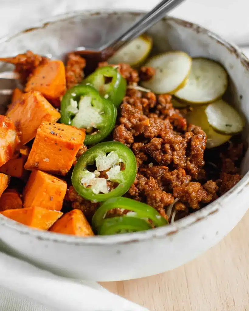 Whole30 Sloppy Joes 6 Whole30 sloppy joes bowl with roasted sweet potatoes, jalapeños, and pickles