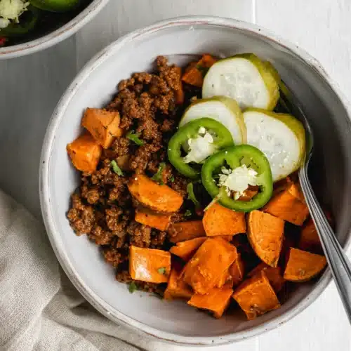 Whole30 Sloppy Joes 7 Whole30 sloppy joes bowl with roasted sweet potatoes, jalapeños, and pickles