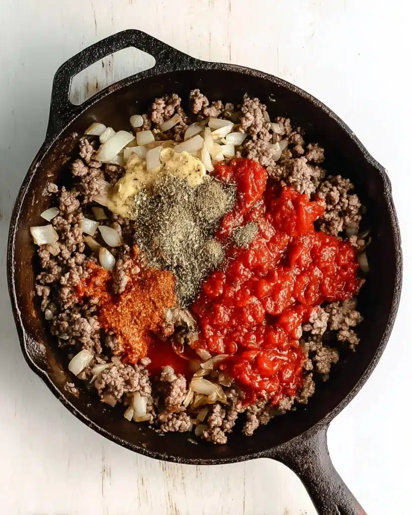 Whole30 Sloppy Joes 4 Ground beef, onions, tomato paste, mustard, and spices in skillet for Whole30 sloppy joes