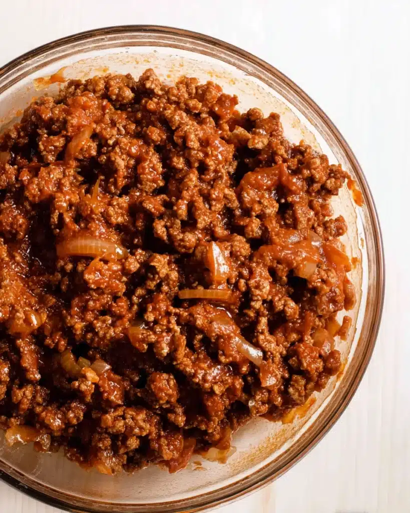 Whole30 Sloppy Joes 5 Whole30 sloppy joe meat mixture with onions in a bowl