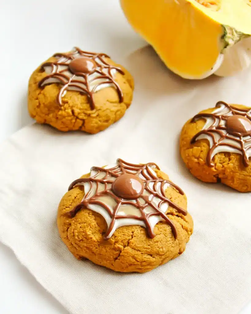 Spiced Pumpkin Cookies for Halloween 2 Pumpkin cookies with chocolate spiderwebs and fresh pumpkin background