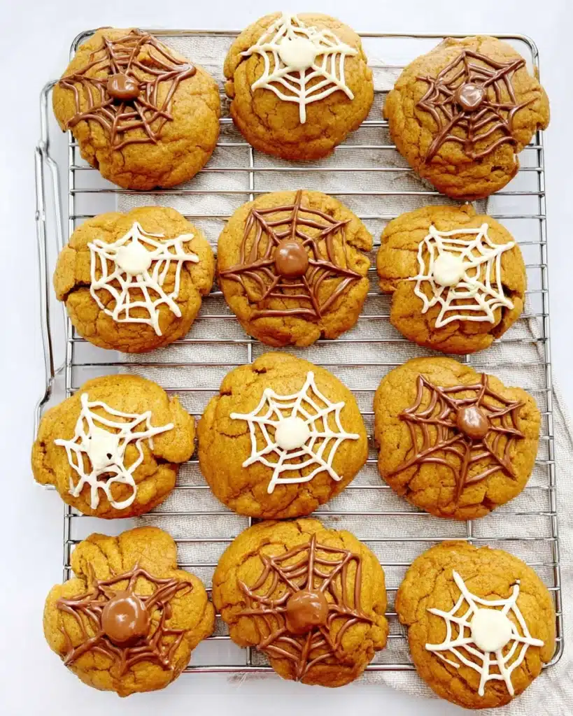 Spiced Pumpkin Cookies for Halloween 5 Halloween spiced pumpkin cookies with chocolate spiderwebs cooling on a wire rack
