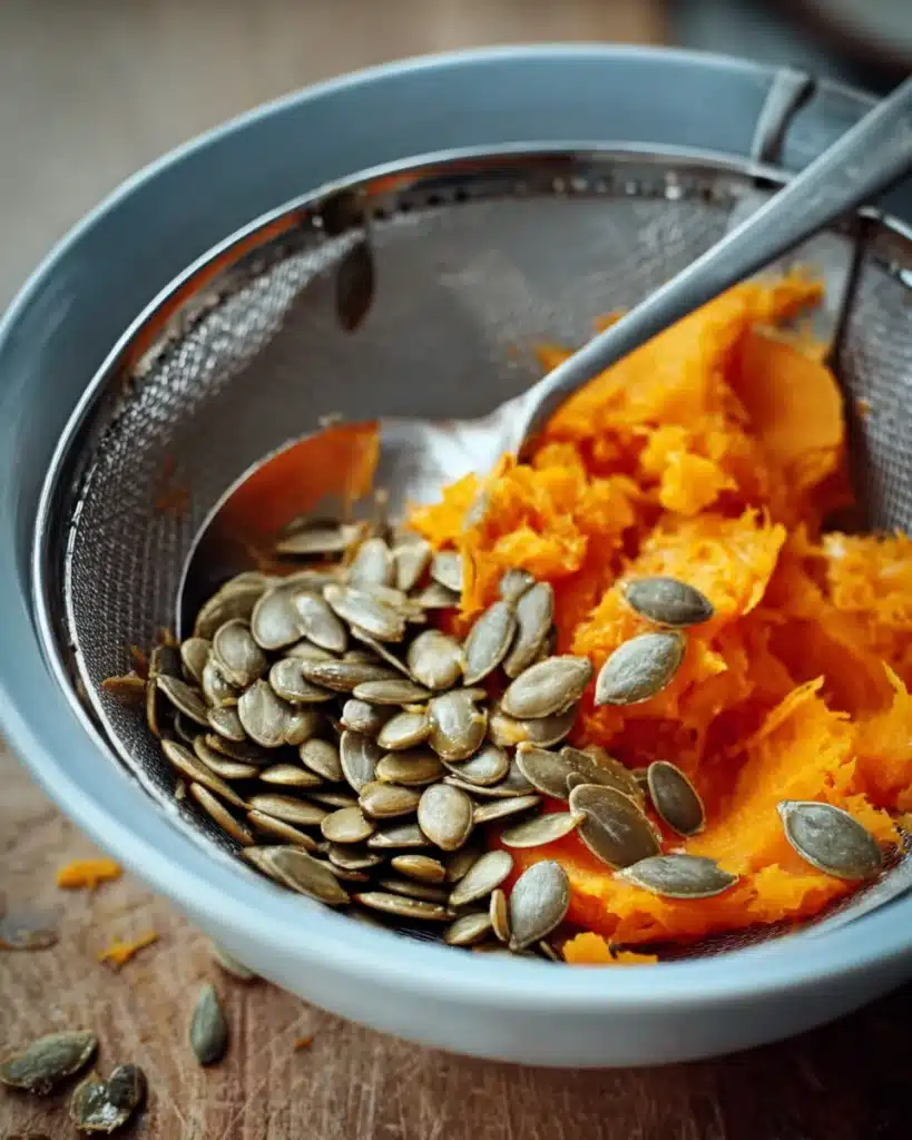 Roasted Pumpkin Seeds Recipe 3 Pumpkin seeds and pulp in a bowl being cleaned for roasting