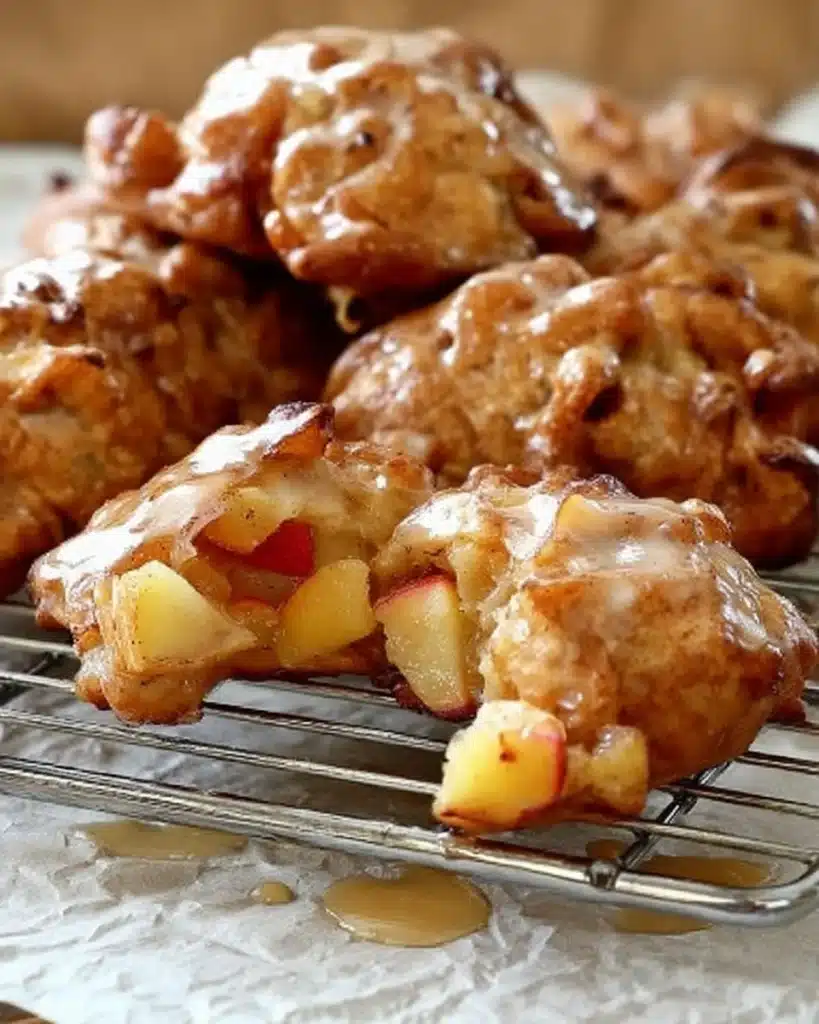 Air Fryer Apple Fritters Recipe – Quick, Easy & Delicious 5 Freshly glazed air fryer apple fritters on cooling rack with cinnamon glaze