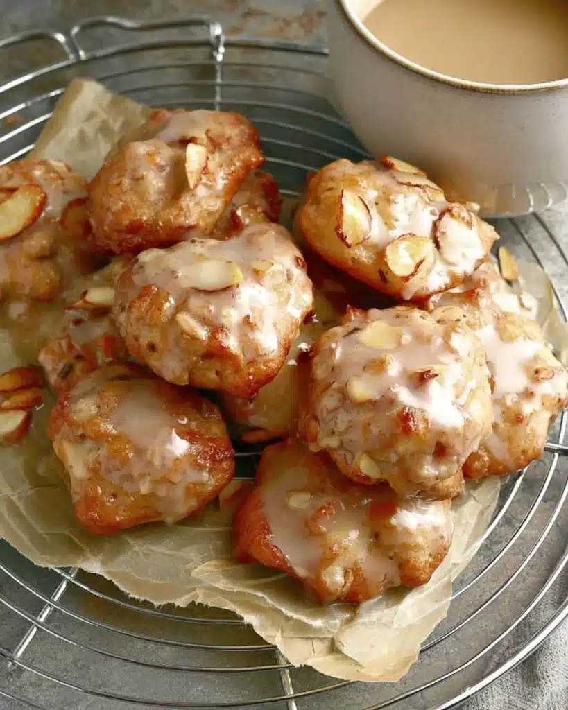 Air Fryer Apple Fritters Recipe – Quick, Easy & Delicious 6 Freshly glazed air fryer apple fritters cooling on a rack with coffee mug