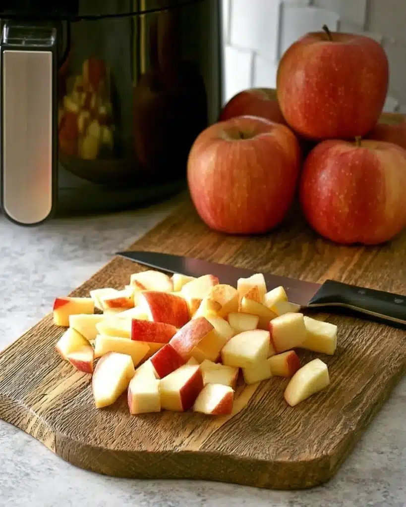 Air Fryer Apple Fritters Recipe – Quick, Easy & Delicious 2 Chopped apples on cutting board next to air fryer for Air Fryer Apple Fritters recipe