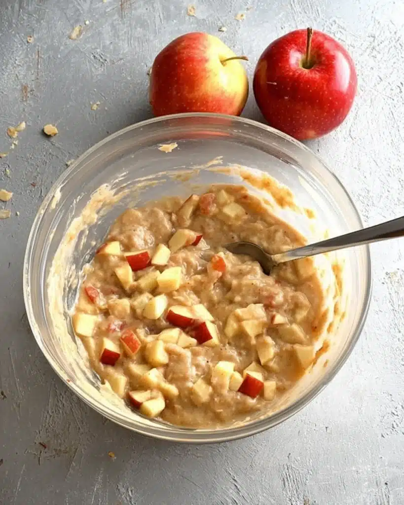 Air Fryer Apple Fritters Recipe – Quick, Easy & Delicious 3 Apple fritter batter with diced apples in a glass bowl for air fryer recipe