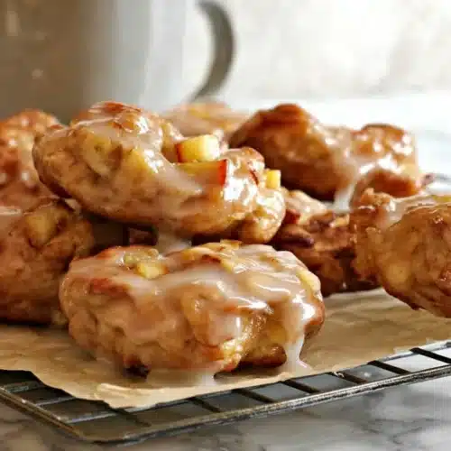 Air Fryer Apple Fritters Recipe – Quick, Easy & Delicious 7 Freshly glazed air fryer apple fritters on a cooling rack with cinnamon glaze