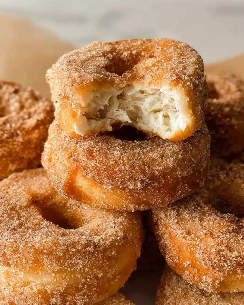 Air Fryer Biscuit Donuts – Quick, Easy, and Irresistibly Fluffy 7 Air fryer biscuit donut with bite showing flaky cinnamon sugar texture