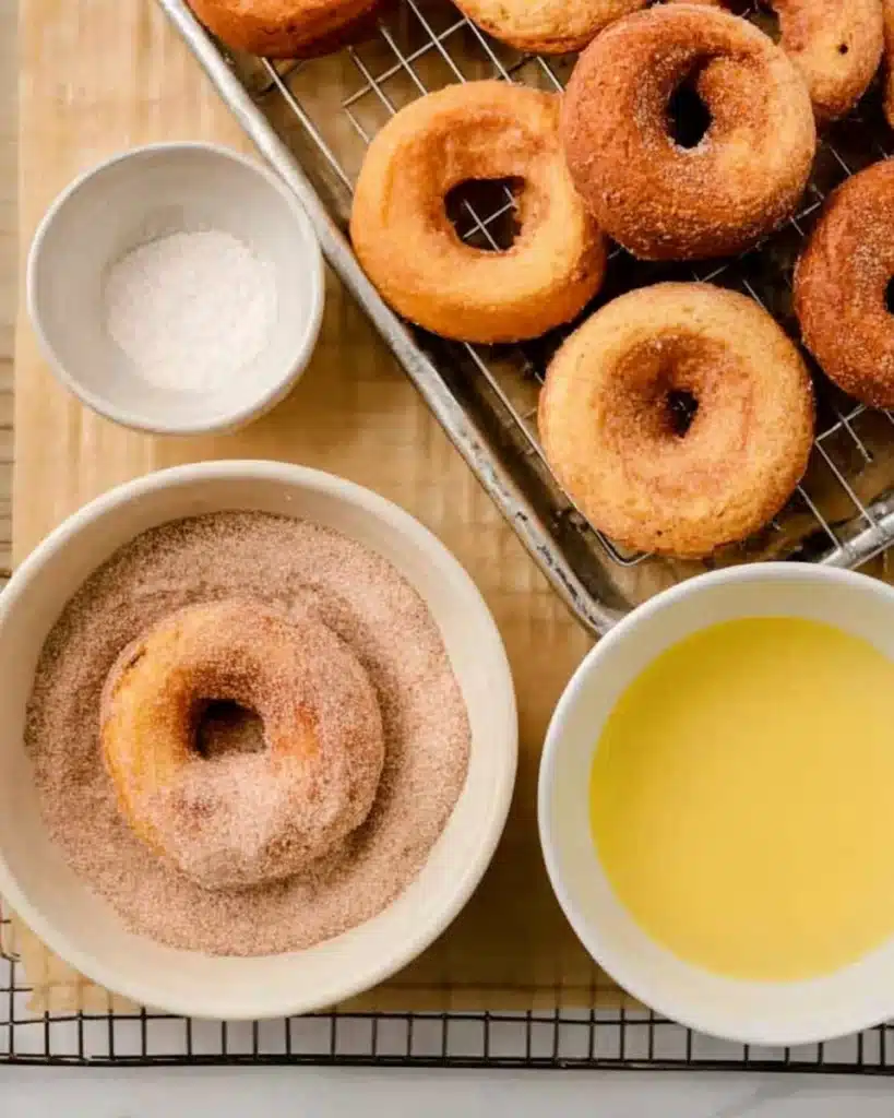 Air Fryer Biscuit Donuts – Quick, Easy, and Irresistibly Fluffy 6 Air fryer biscuit donut dipped in cinnamon sugar beside melted butter
