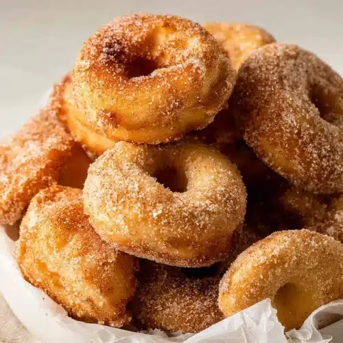 Air Fryer Biscuit Donuts – Quick, Easy, and Irresistibly Fluffy 8 Air fryer biscuit donuts coated in cinnamon sugar on a plate