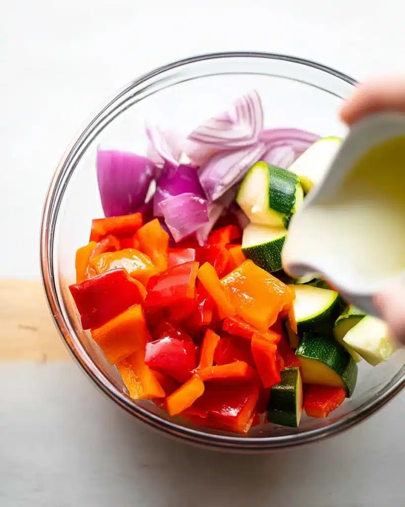 Fresh chopped veggies with oil for Air Fryer Chicken Sausage and Veggies