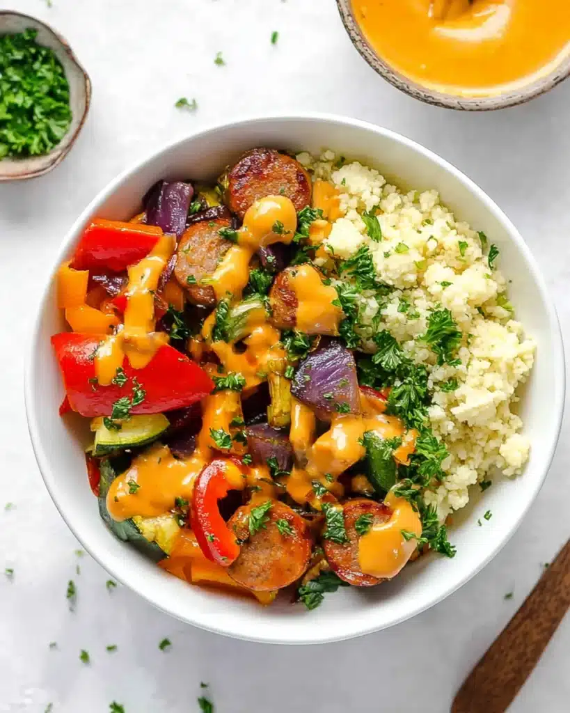 Air fryer chicken sausage and veggies with orange sauce and cauliflower rice