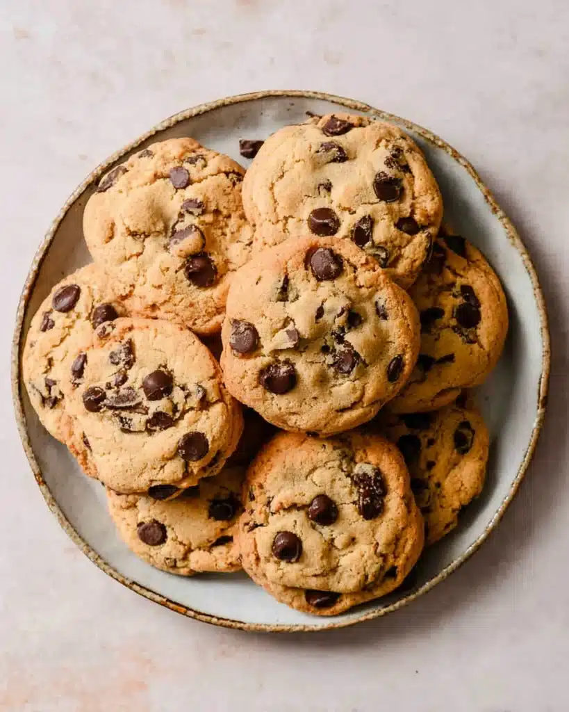 Plate of freshly baked air fryer chocolate chip cookies