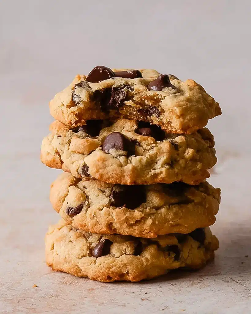 Stack of chewy air fryer chocolate chip cookies with a bite taken out