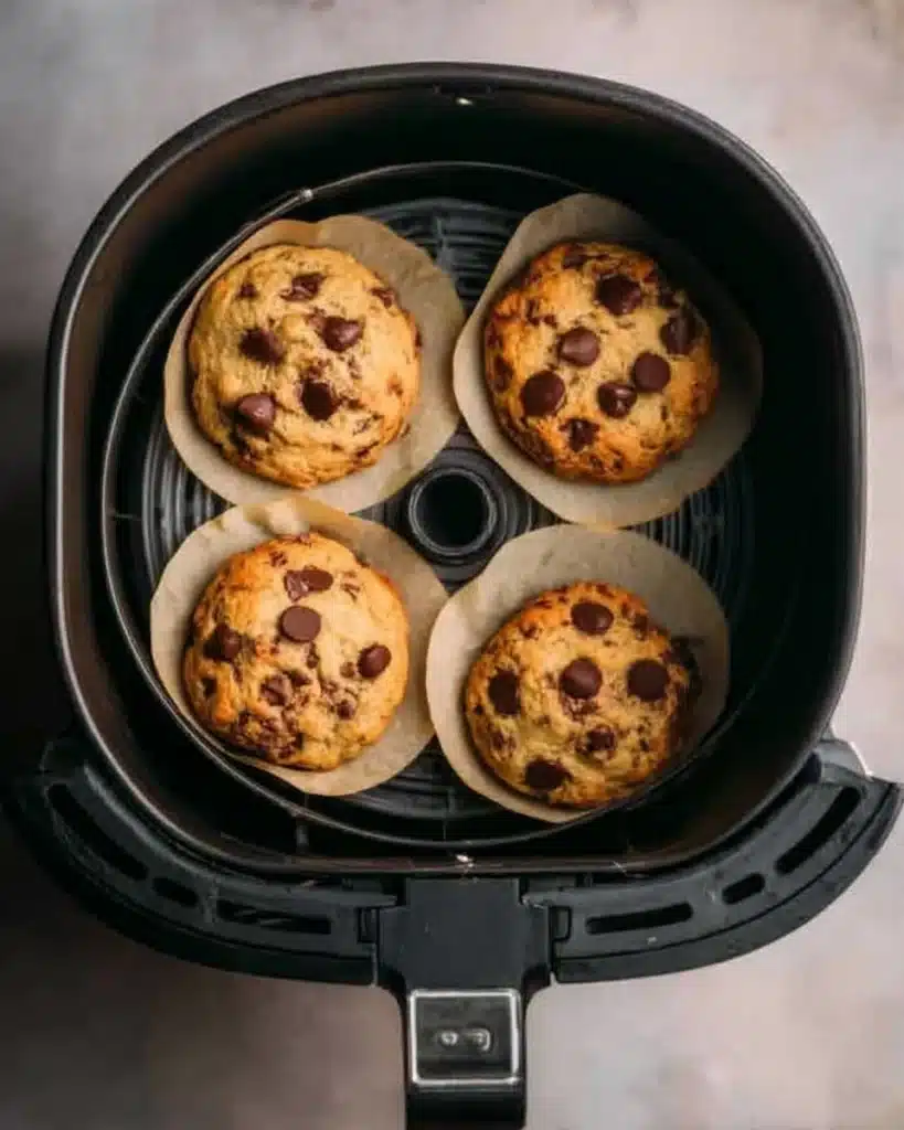 Air fryer basket with freshly baked chocolate chip cookies on parchment squares