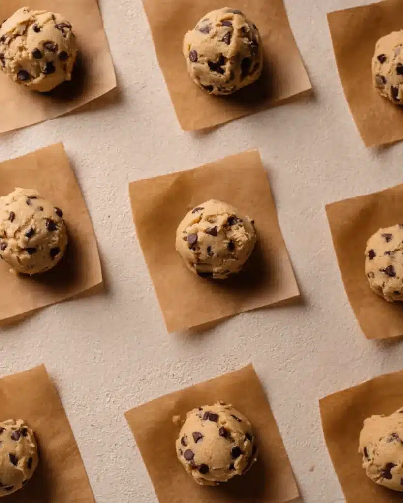 Cookie dough scoops on parchment squares for air fryer chocolate chip cookies