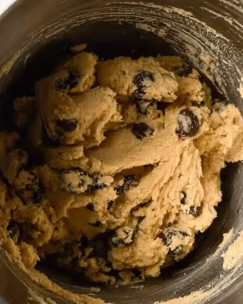Chocolate chip cookie dough in mixing bowl for air fryer cookies