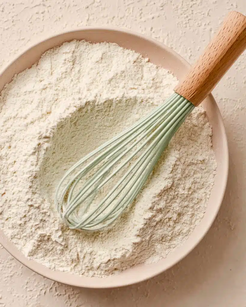 Bowl of flour with whisk for air fryer chocolate chip cookies