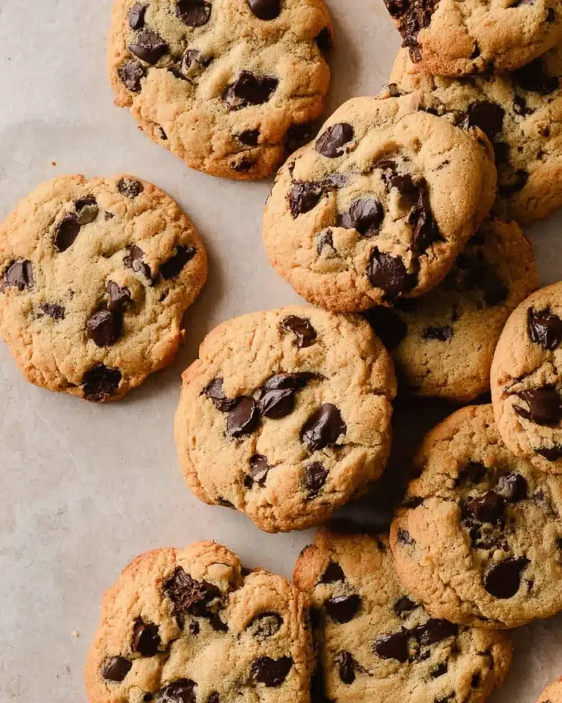 Top-down view of air fryer chocolate chip cookies on beige surface