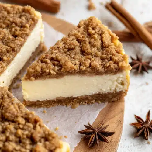 Apple crumble cheesecake slice with golden crumble topping and creamy filling