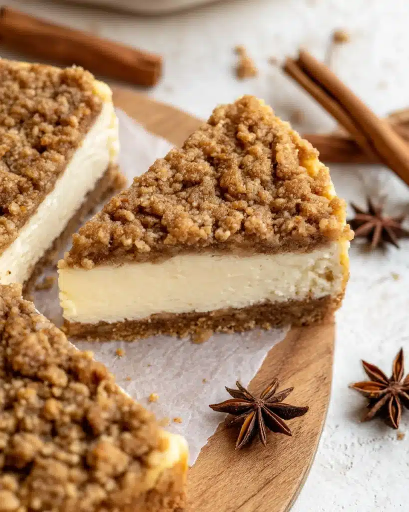Apple crumble cheesecake slice with golden crumble topping and creamy filling