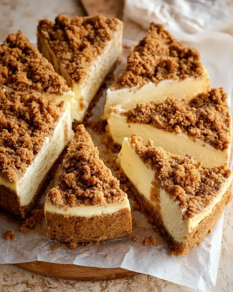 Apple crumble cheesecake slices with creamy filling and crunchy topping