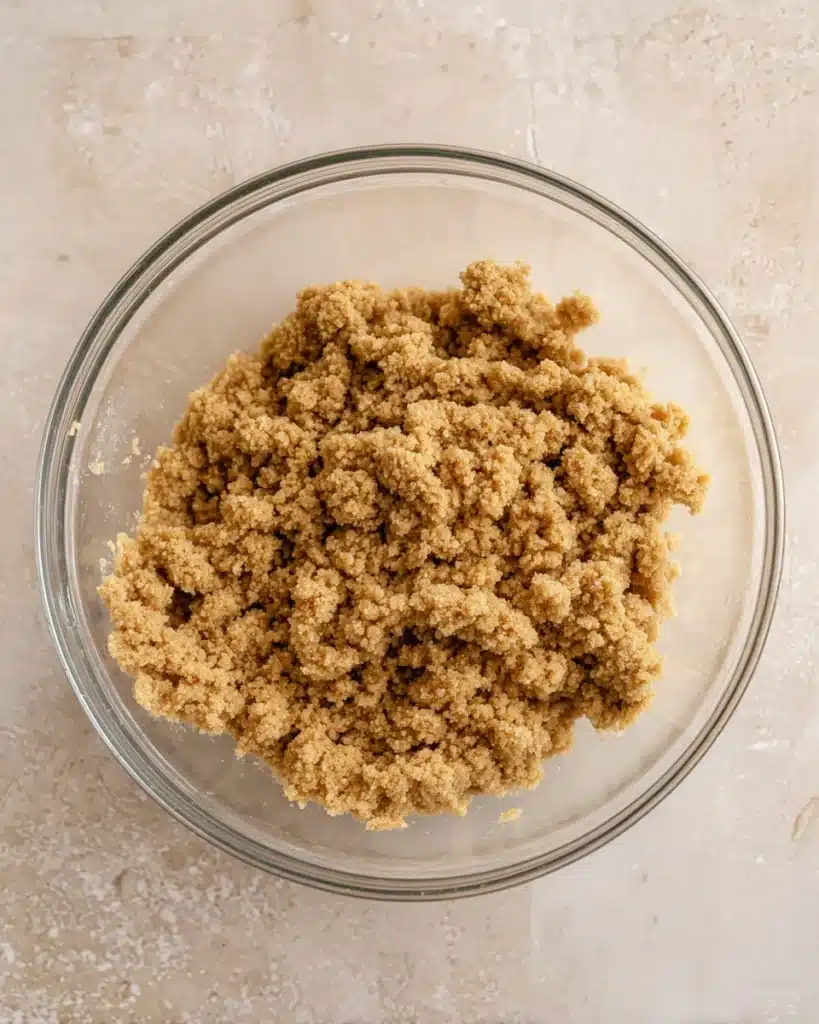 Glass bowl with homemade crumble topping for apple crumble cheesecake