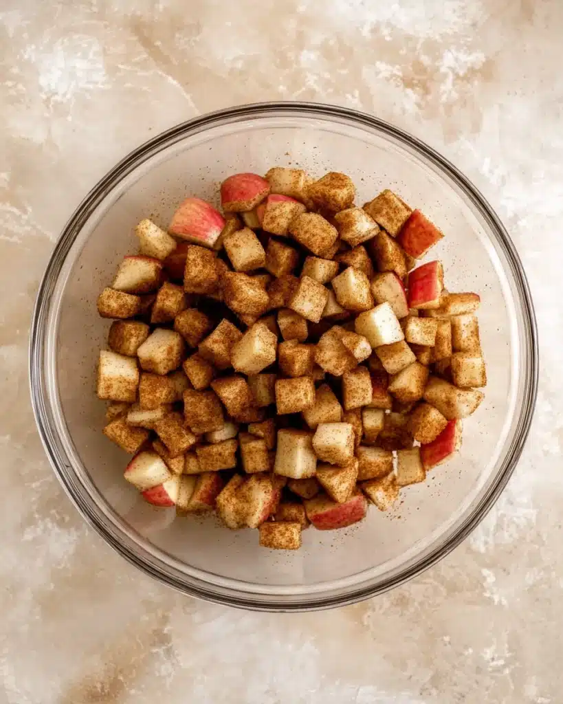 Glass bowl with diced apples coated in cinnamon sugar for cheesecake filling