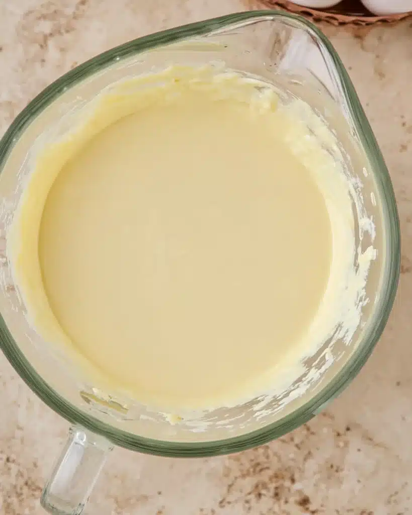 Glass bowl with smooth creamy cheesecake batter ready for baking