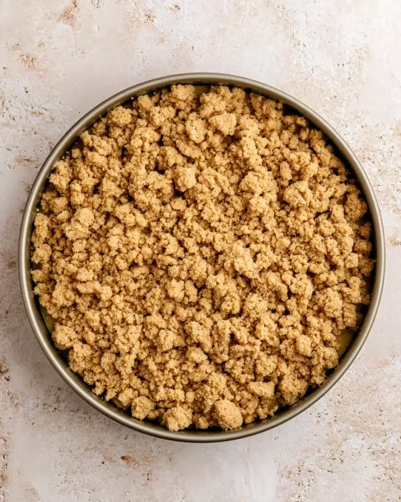 Unbaked apple crumble cheesecake with thick crumble topping in springform pan