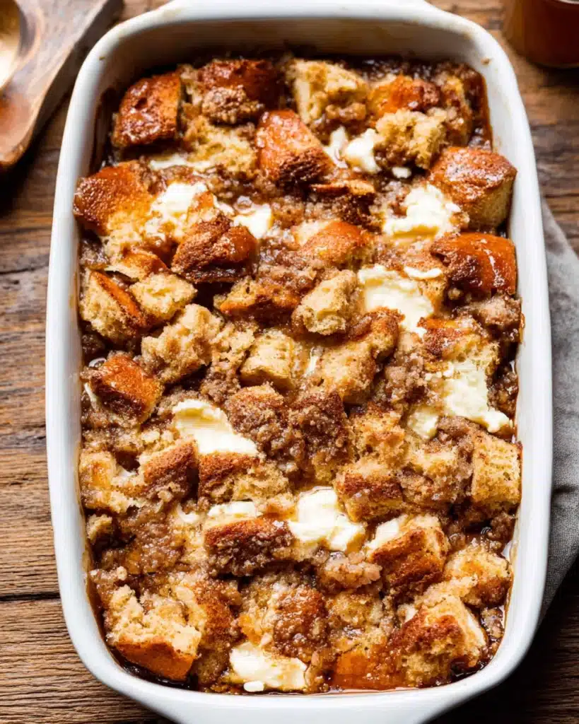 Golden baked cream cheese French toast casserole with crumb topping in white dish