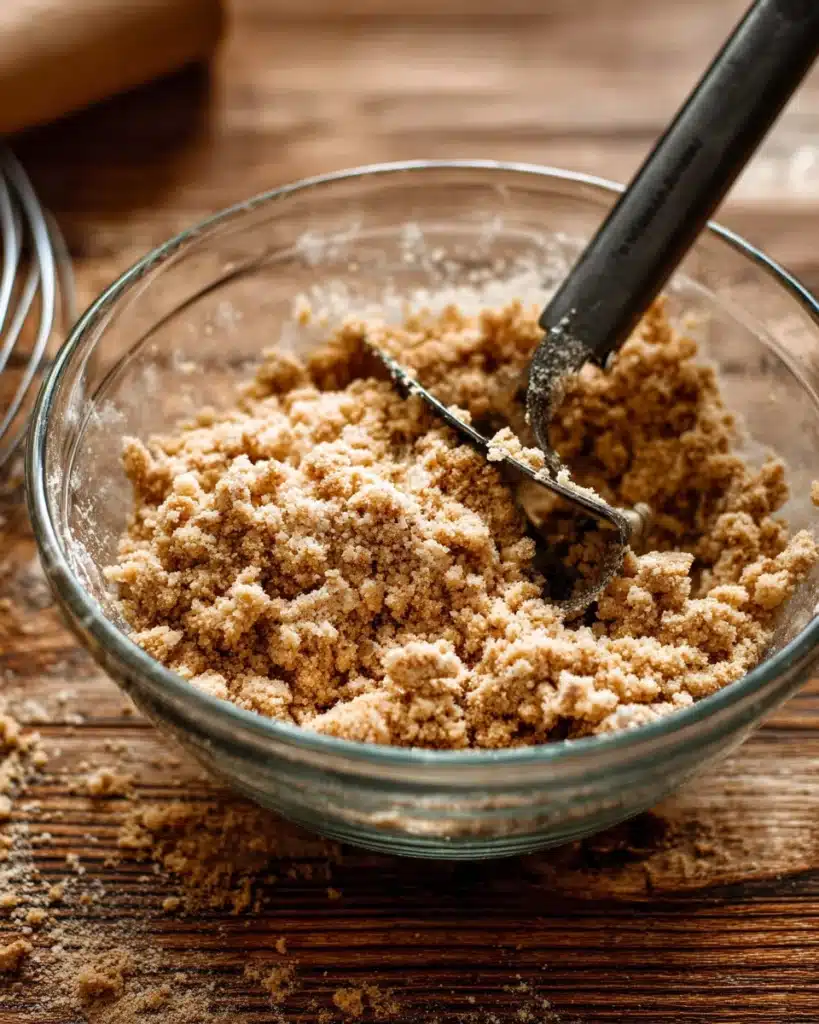 Crumb topping mixture with pastry cutter in glass bowl for French toast casserole