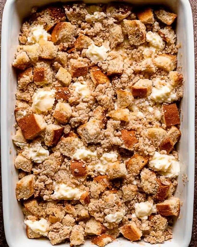 Unbaked cream cheese French toast casserole topped with crumb mixture in baking dish