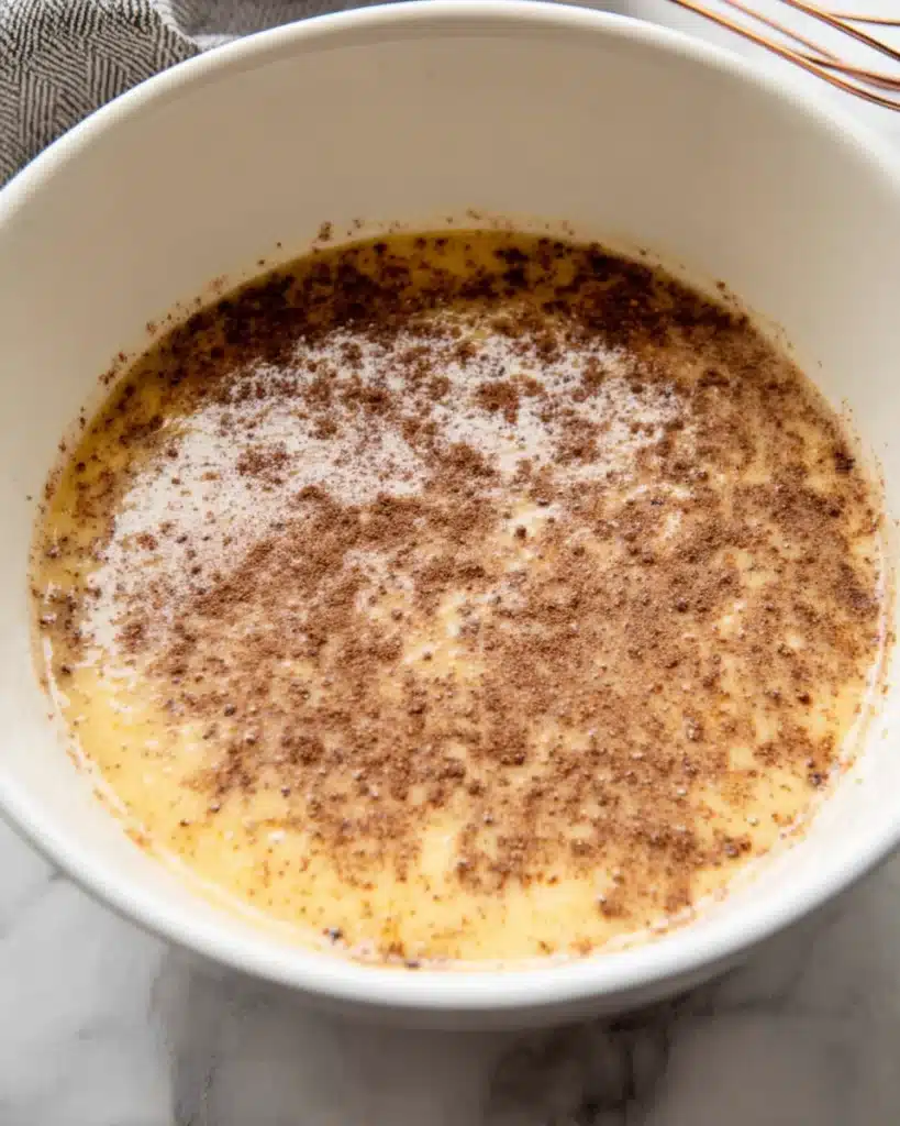 Custard mixture with cinnamon in mixing bowl for baked French toast casserole