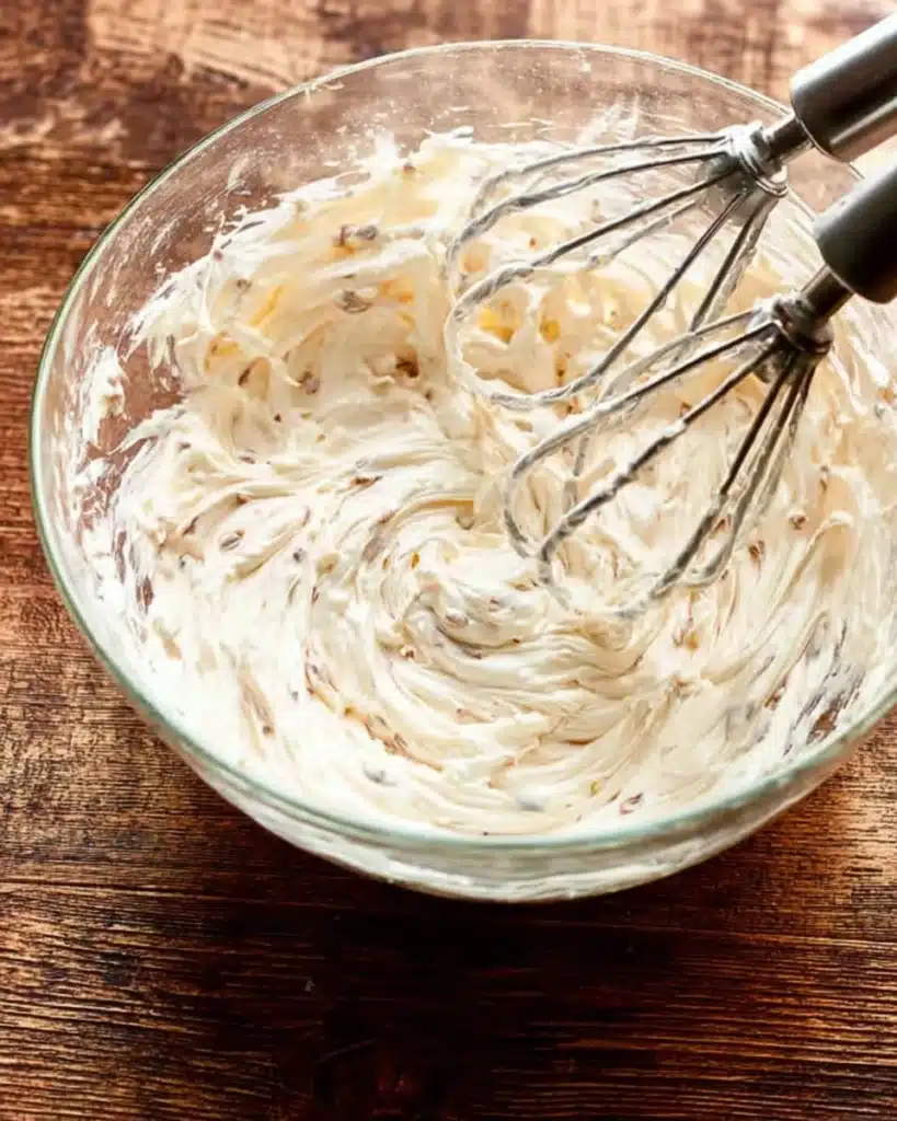 Whipped cream cheese mixture in glass bowl for French toast casserole